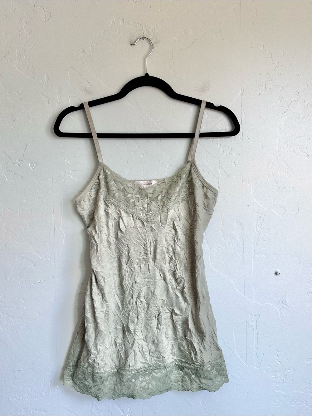 Y2K dressbarn Sage Green Lace-Trim Crinkle Camisole Layering Tank Women Medium